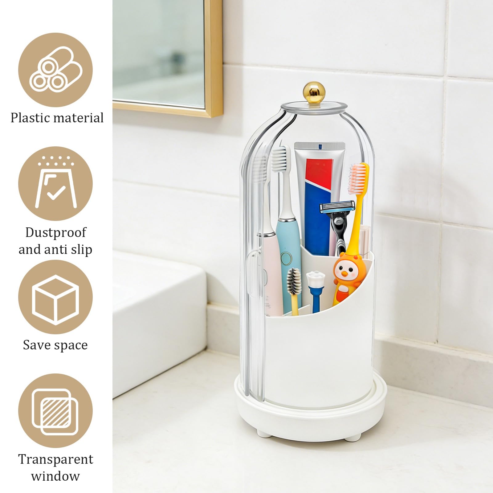 Toothbrush Holder with Cover - 360° Rotating 3-Slot Organizer with Drainage for Bathroom Vanity Counter