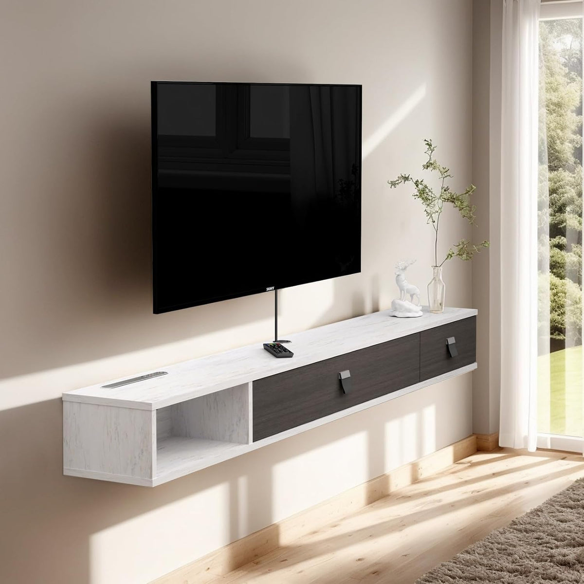 Pmnianhua Floating TV Unit, 63'' Wall Mounted TV Cabinet, Floating Shelves with 2 Doors