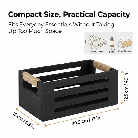 Punorric Black Toilet Roll Basket - Solid Wood Toilet Roll Storage, Wooden Bathroom Accessories with Handle