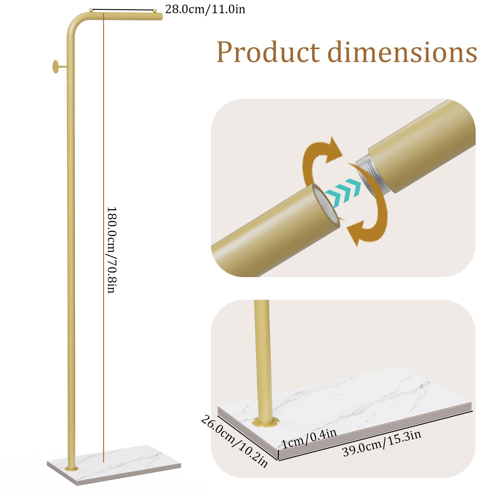 OUTBROS Metal Coat Rack, Freestanding Clothes Rail, 180cm, Gold