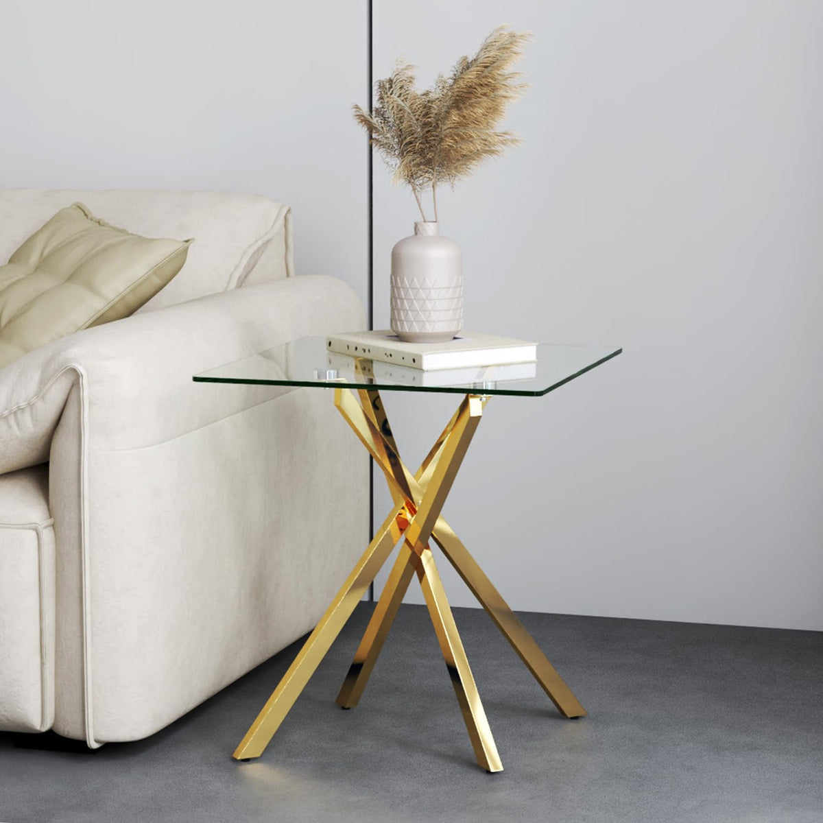 GOLDFAN Small Glass End Table with Gold Legs for Living Room Square Side Table Modern Contemporary Nightstand for Bedroom