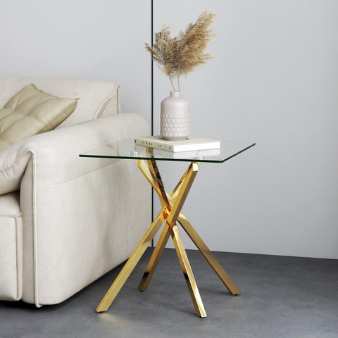 GOLDFAN Small Glass End Table with Gold Legs for Living Room Square Side Table Modern Contemporary Nightstand for Bedroom