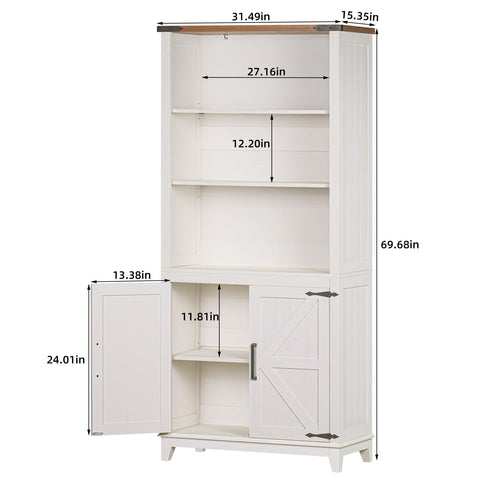 LELELINKY 70in Tall Bookshelf 5 Tier Bookcase with Barn Doors and Adjustable Shelves, White Farmhouse Book Shelf with Storage Cabinet