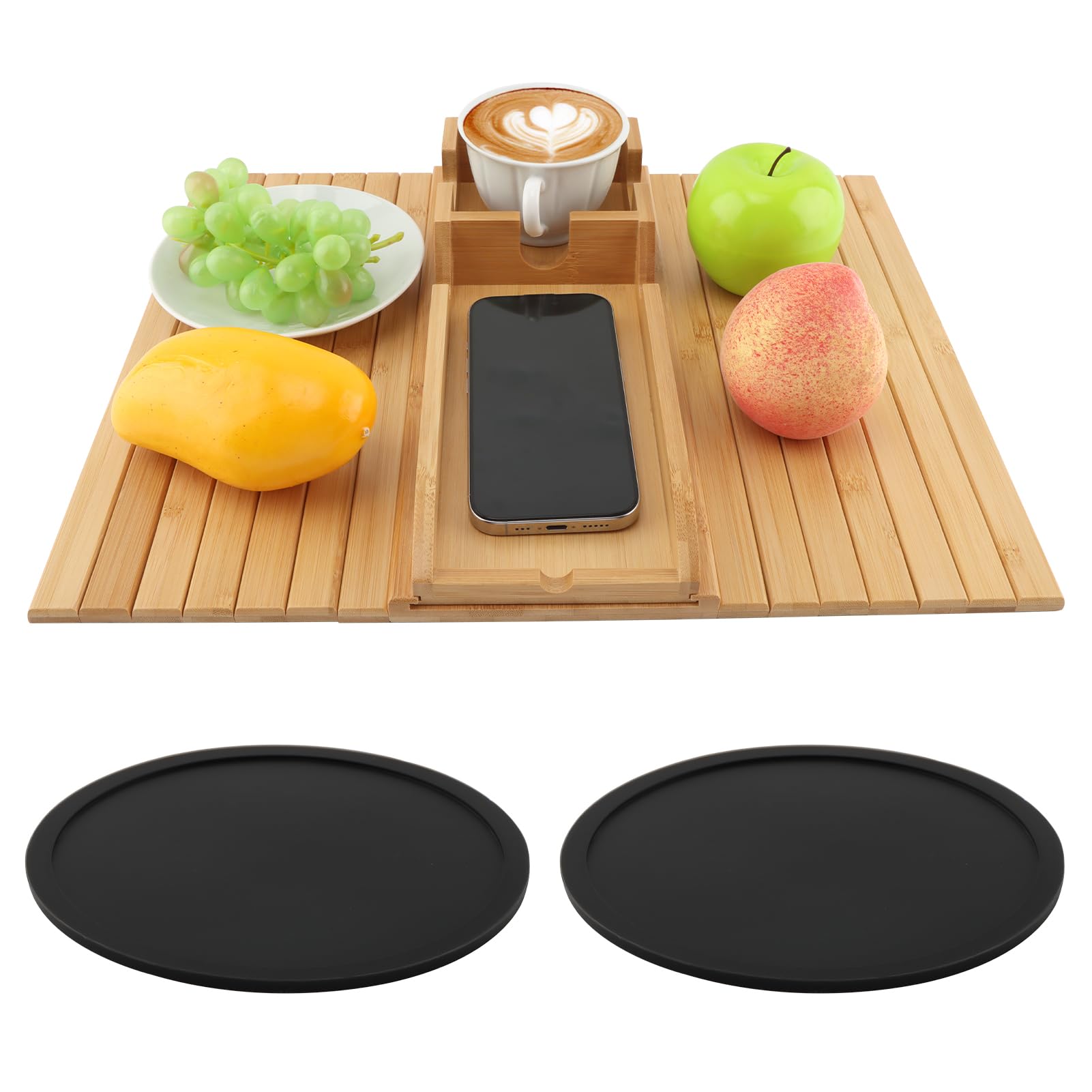 Tharvolex Bamboo Sofa Armrest Tray, 2-in-1 Detachable Couch Cup Holder & Armrest Table with Anti-Slip Pad, Foldable Bamboo Tray for Drinks, Snacks