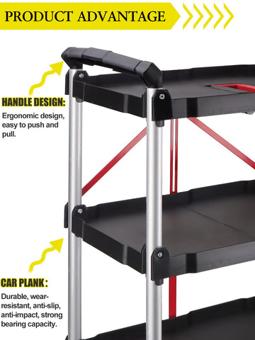EBANKU 3-Tier Service Carts with Wheels, Foldable Rolling Cart with Locking Wheels Heavy Duty Kitchen Storage Shelves Garage Shelving Unit for