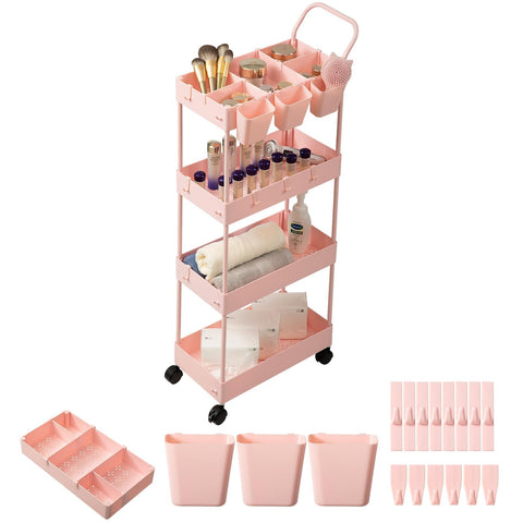 danpinera 4-Tier storage trolley, storage trolley on wheels, beauty trolley with Dividers & Hooks & Hanging Cups, kitchen trolley