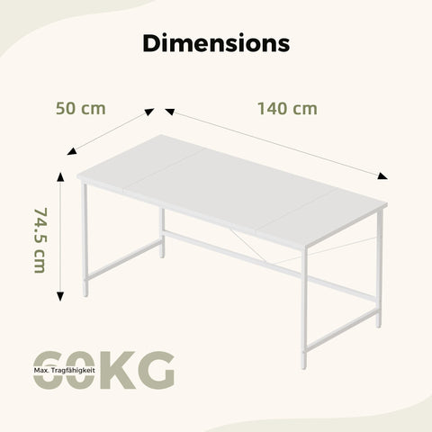 Mericonia Basic Computer Desk, 3 pieces Desktop, 140x50cm, White