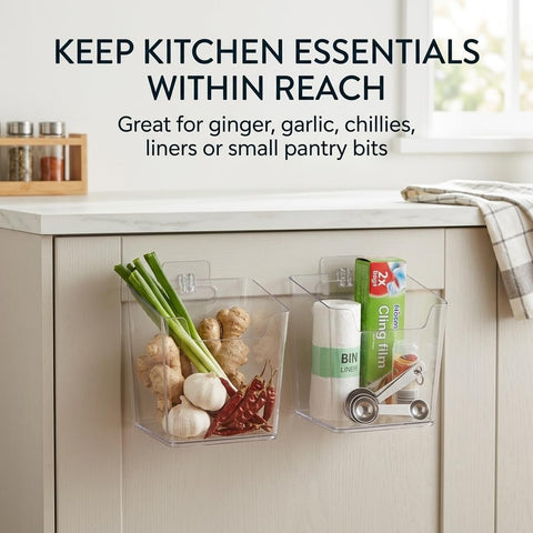 Punorric 4 Pack Kitchen Cupboard Door Storage Box, Self-Adhesive Wall Mounted Storage Baskets, Clear Bathroom Cupboard Organiser
