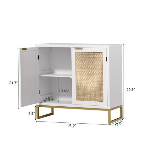 Skokliz Rattan Cabinet with Doors, White Sideboard Buffet Storage Cabinet with 2 Doors Kitchen Sideboard Furniture with Natural Rattan