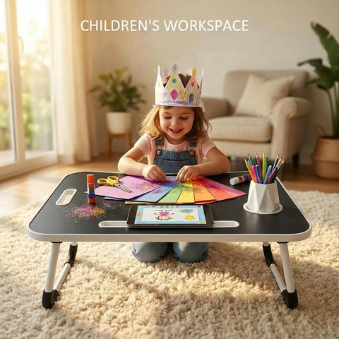 GnohGnoh Folding Lap Desk, 23 Inch Portable Wood Deep Black Laptop Bed Desk Lap Desk with Cup Holder, for Working Reading Writing, Eating