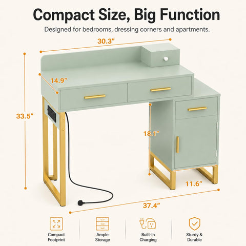 iSunirm Dressing Table Vanity Desk with 4 Storage Drawers - Modern Makeup Desk with Charging Station