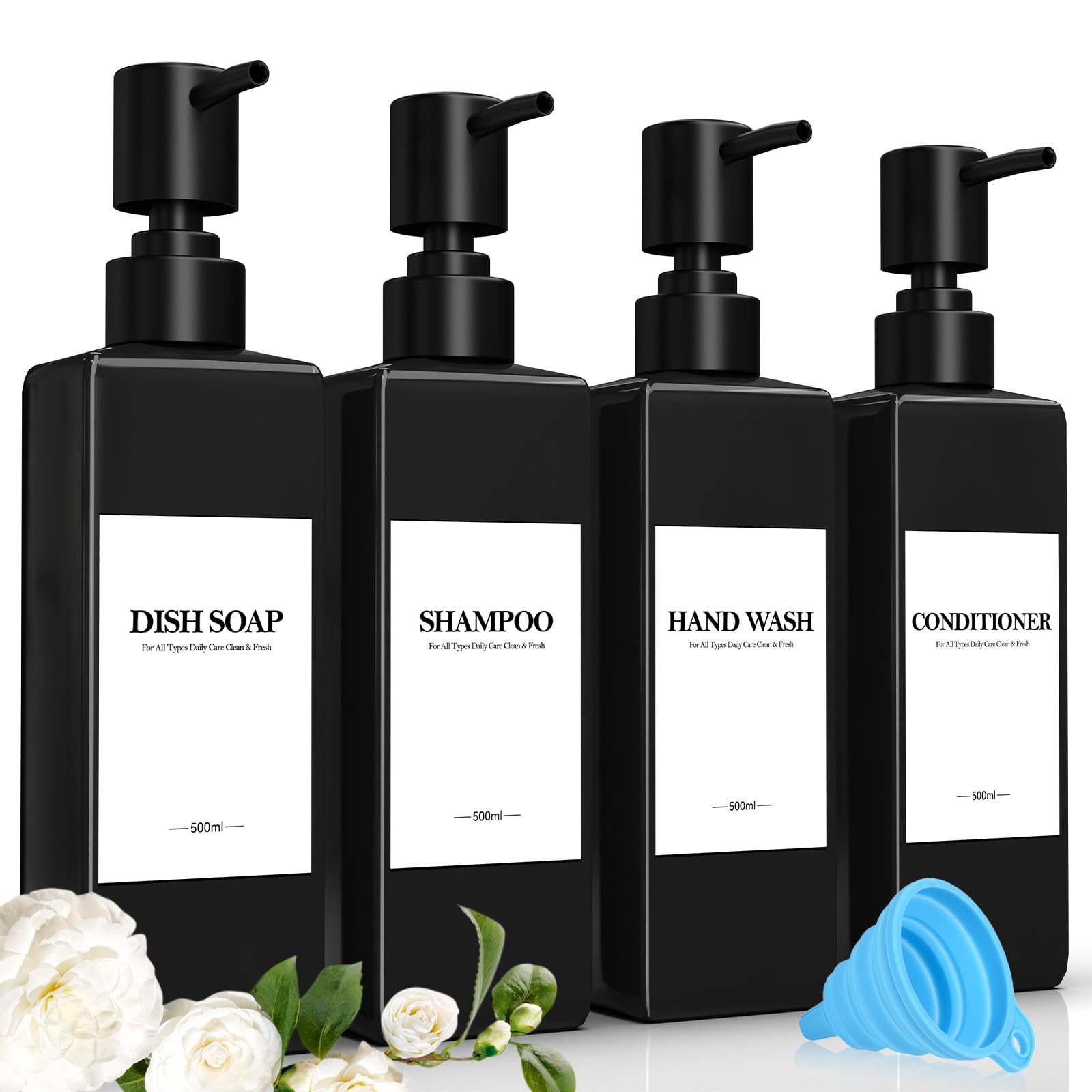 Set of 4 Plastic Shampoo Bottles for Filling, 500 ml Soap Dispenser Bottles Shampoo Dispenser Black Pump Dispenser with Funnel and Waterproof Labels