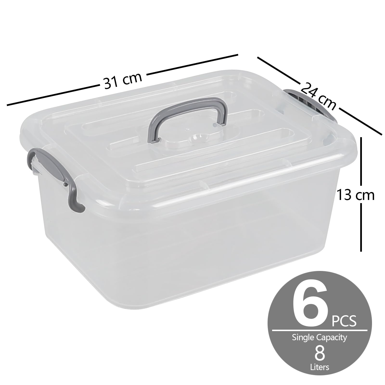Afromy 6 Packs Storage Boxes with Lids, Clear Plastic Bin with Handle, 8L