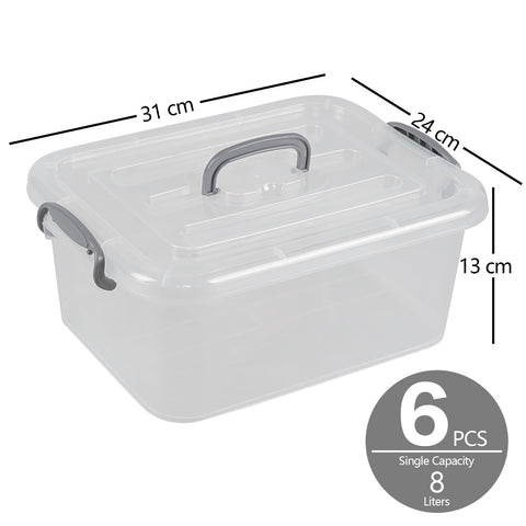Afromy 6 Packs Storage Boxes with Lids, Clear Plastic Bin with Handle, 8L
