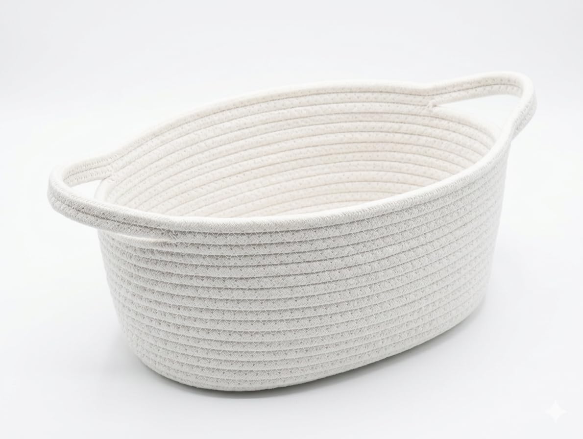 Double-Handle Woven Storage Basket – Nordic Style Cotton Rope Organizer Bin for Snacks, Toys, Clothes & Home Décor – 33x23x14cm (White)