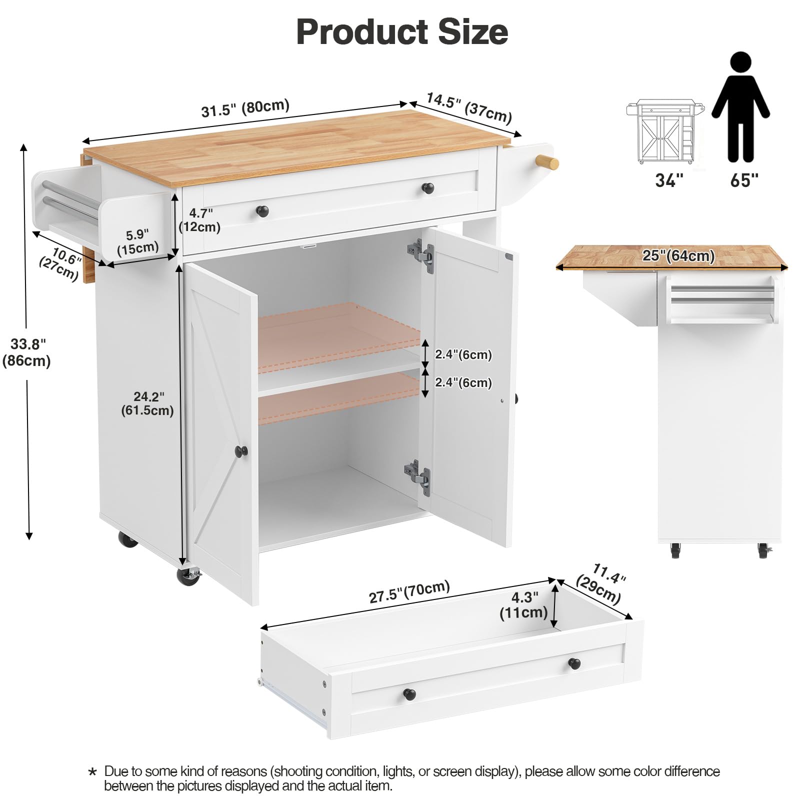 Drop-Leaf Kitchen Island on Wheels Utility Storage Cart with Drawers
