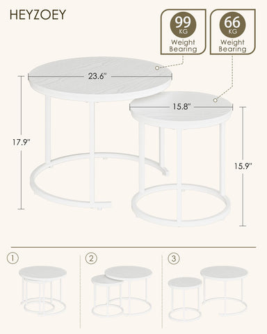 HEYZOEY Round Coffee Tables, Removable Set of 2 End Table, Nesting Tables with White Metal Frame Legs and Wooden white Top for Living Room, Bedroom