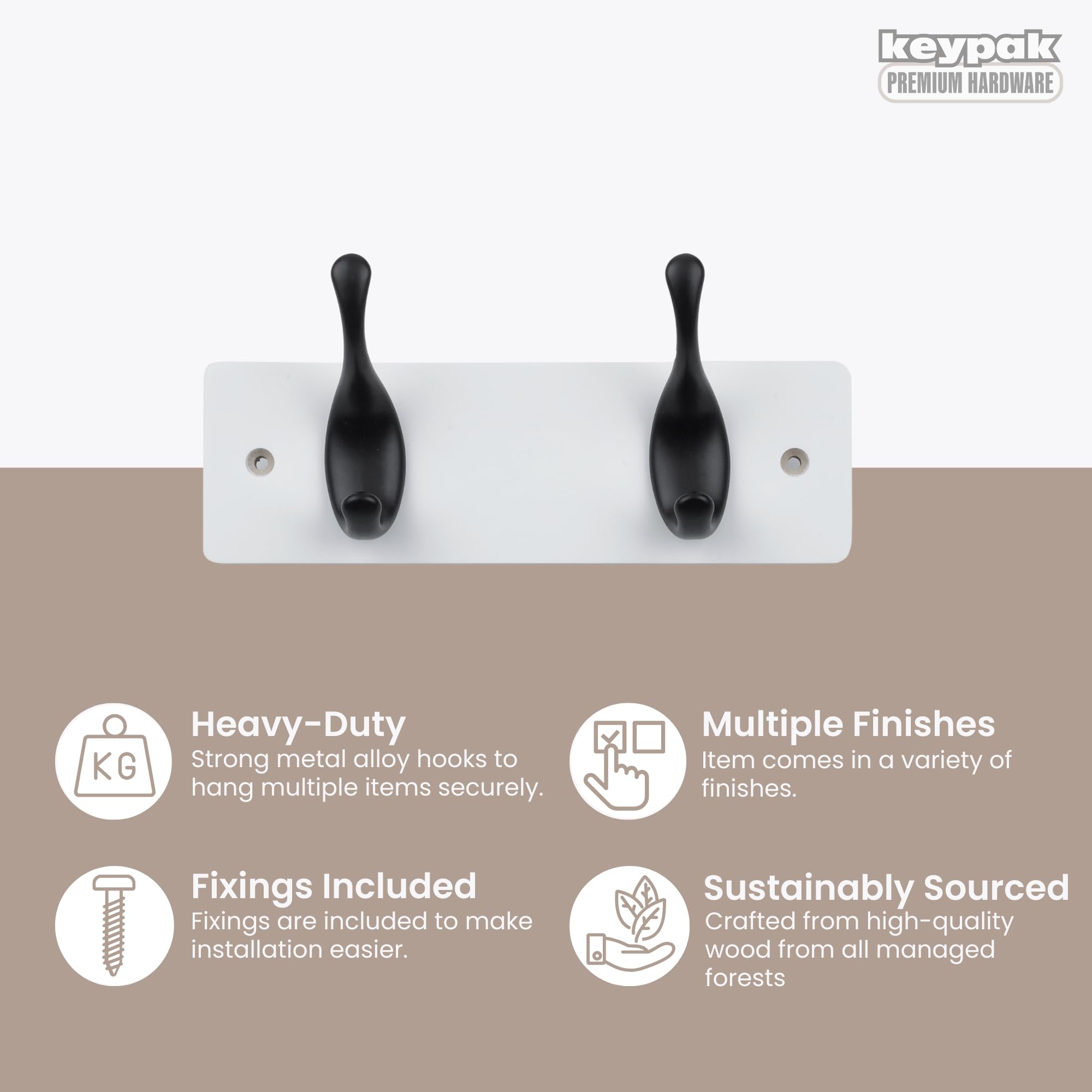 keypak 2 Matte Black Coat Hooks on White Wooden 22.5cm Board 3.4kg Per Hook