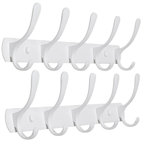 SKOLOO Modern Metal Coat Rack Wall Mount with 5 Hooks, Pack of 2, Sturdy Wall Coat Hooks for Hanging Coats, Jacket, Clothes, Hat, White