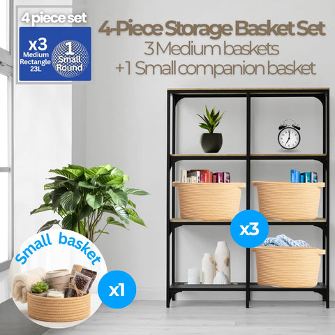 4pcs Cotton Rope Storage Basket Set (3 Medium + 1 Small) Woven Baskets with Handles for Living Room, Bedroom, Bathroom & Nursery – Honey