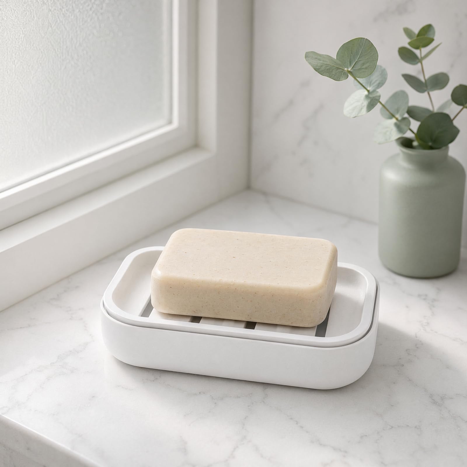 Soap Dish with Drainage, Plastic Soap Holder (White)