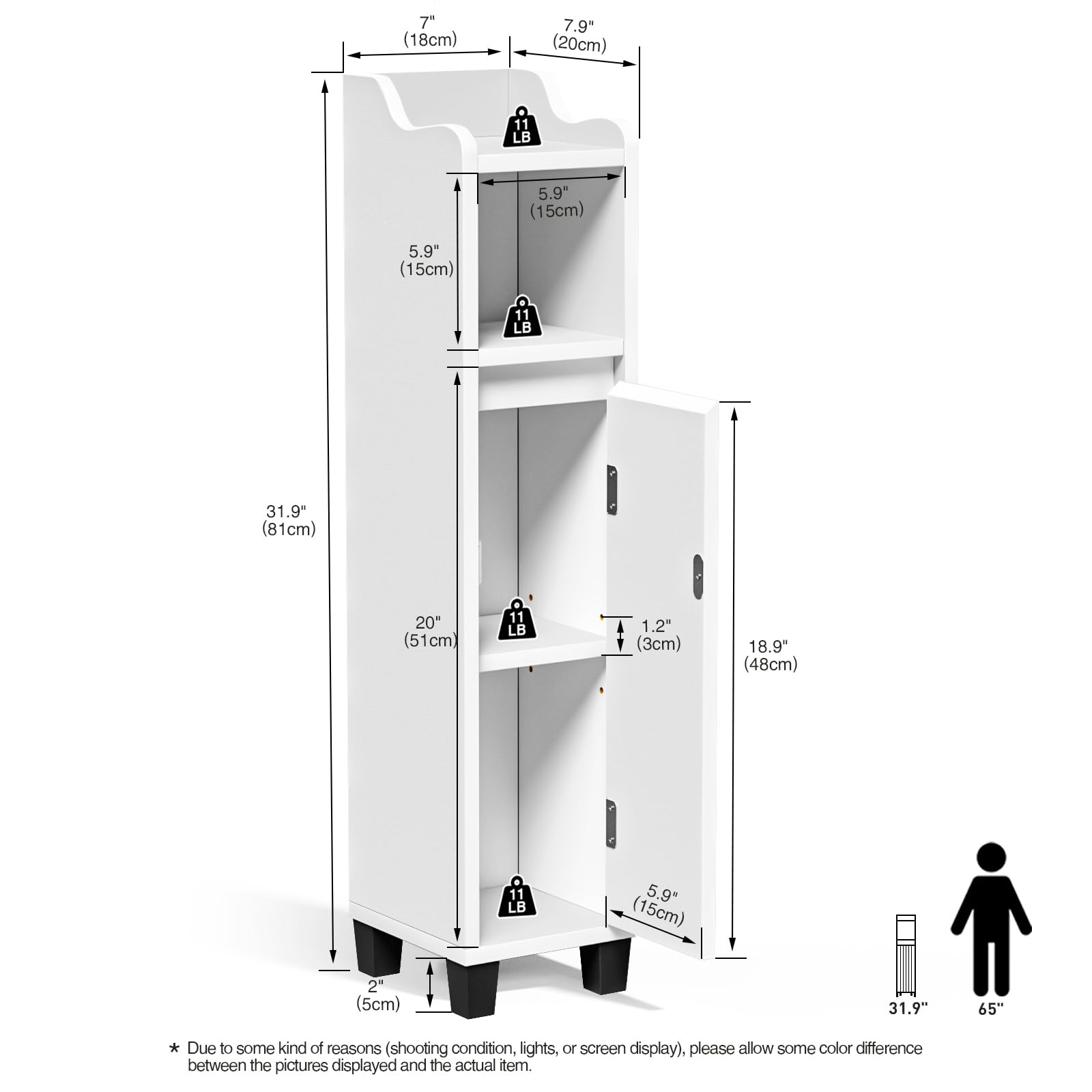 Yvsevnr Small Bathroom Storage Cabinet, Slim Bathroom Storage Unit, Narrow Bathroom Toilet Paper Storage Cabinet, Adjustable Shelves, Freestanding
