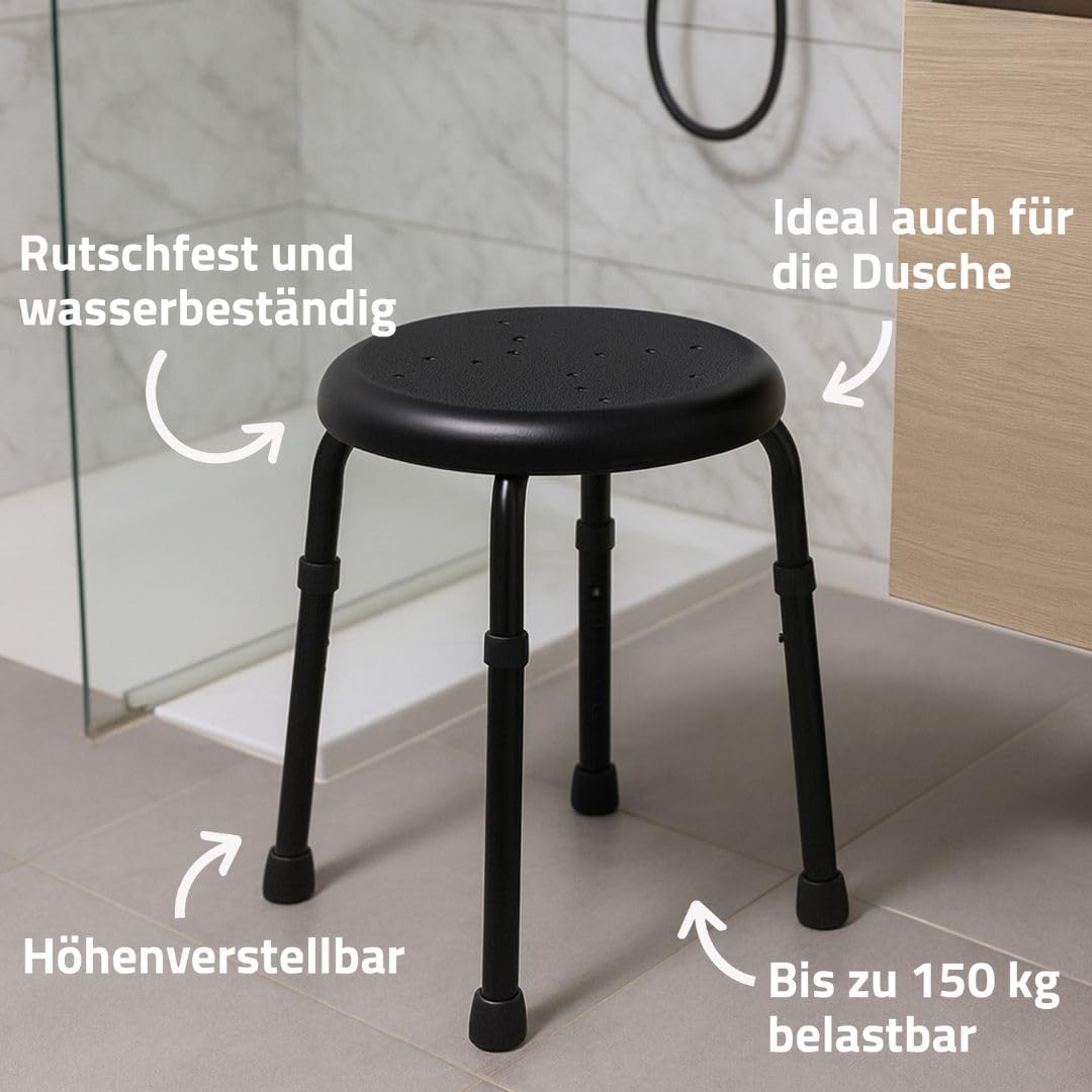 RIDDER Go Bathroom Stool Diameter 50 x 34.9 – 52.5 cm, Black, Aluminium/PE/TPR Height-Adjustable Shower Stool with Non-Slip Seat, Stable Bath Stool