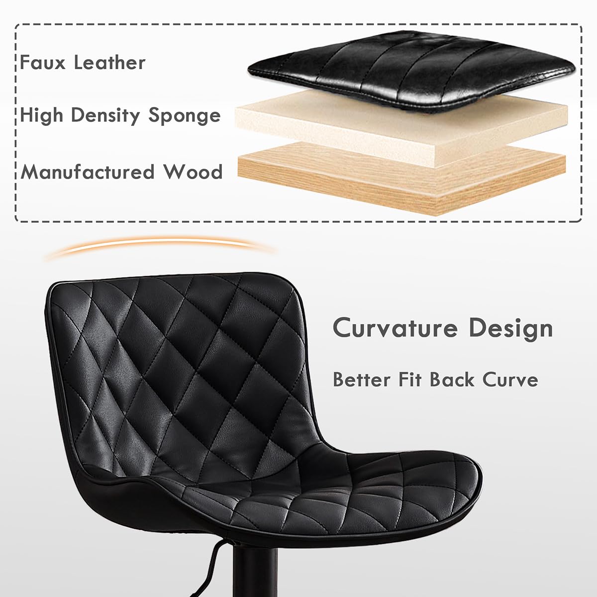 Kidol&Shellder Black Bar Stools Set of 2 Modern Kitchen Stools