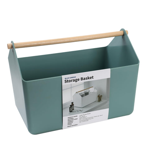BLUE GINKGO Large Storage Basket – Plastic Caddy with Wooden Handle for Bathroom, Pantry, or Cleaning Supplies (Green)
