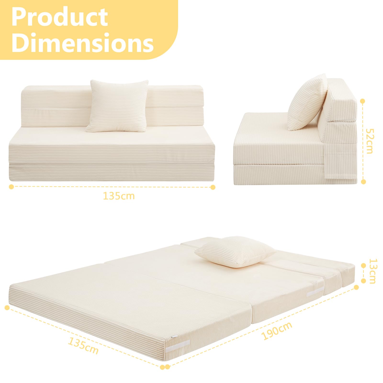 MeMoreCool Folding Mattress Double, Corduroy Fold Out Sofa Bed, Grey