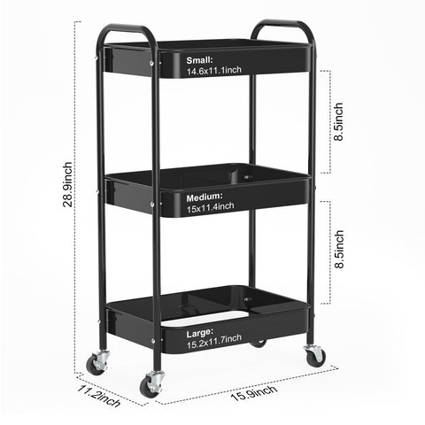 PNVXNUS 3-Tier Rolling Cart, Metal Utility Storage Carts with Wheels, Black
