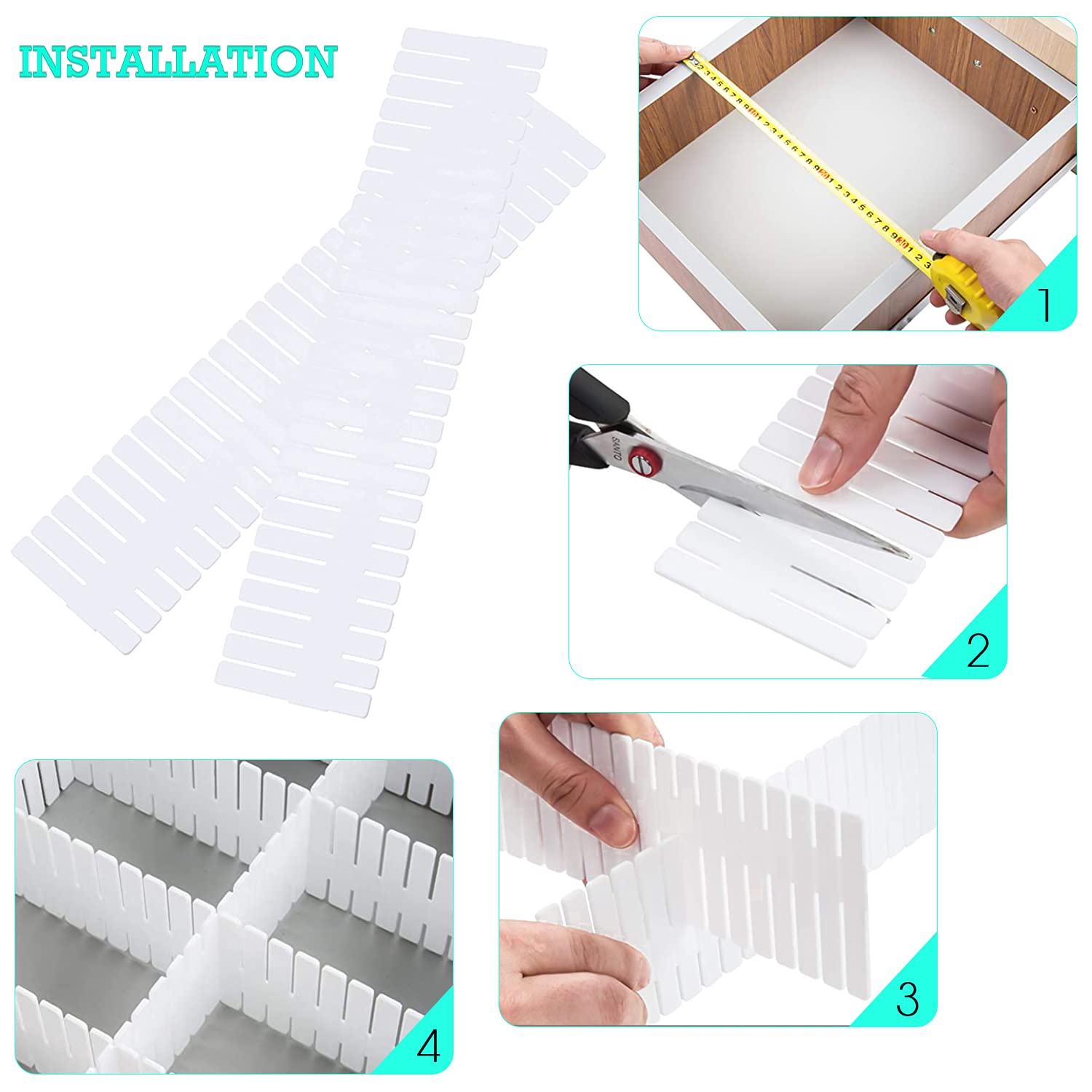 16 PCS Drawer Dividers Adjustable Drawer Organizer White Drawer Organiser 32 x 7 cm DIY Cut at Will for Socks, Underwear, Makeup, Kitchen, Bedroom