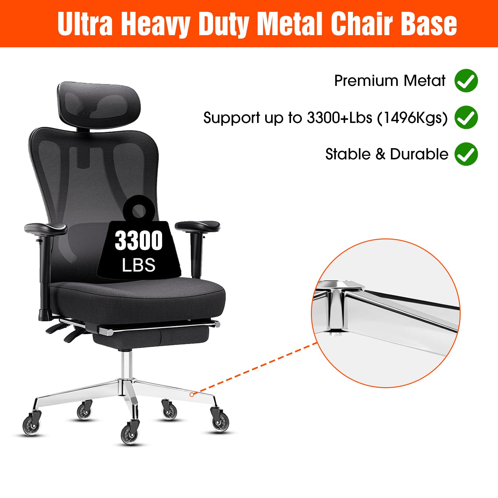 Office Chair Base Replacement PartsWith 5 Casters with Brakes(3300 lbs) - Heavy Alloy Office Chair Base Replacement, Universal Gas Cylinder