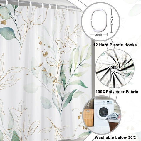 Uiiooazy Eucalyptus Shower Curtain, Sage Green Gold Leaves Pattern Bath Curtain Mildew and Mould Resistant Waterproof Polyester Fabric Washable