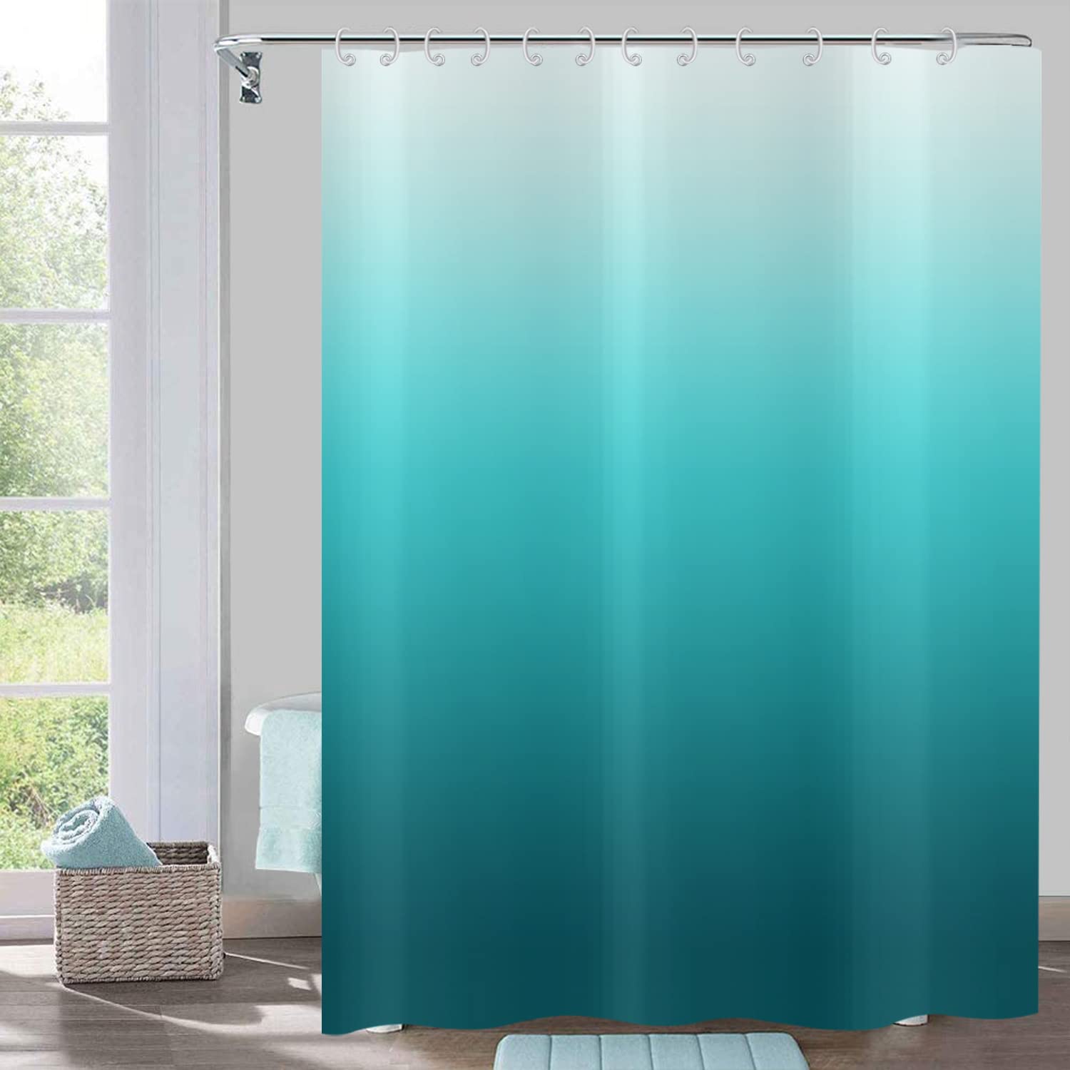Hnmdmyi Teal Blue Shower Curtain 90x180, Aqua Ocean Abstract Turquoise Ombre Modern Bathroom Curtains with Hooks Waterproof Polyester Fabric Washable