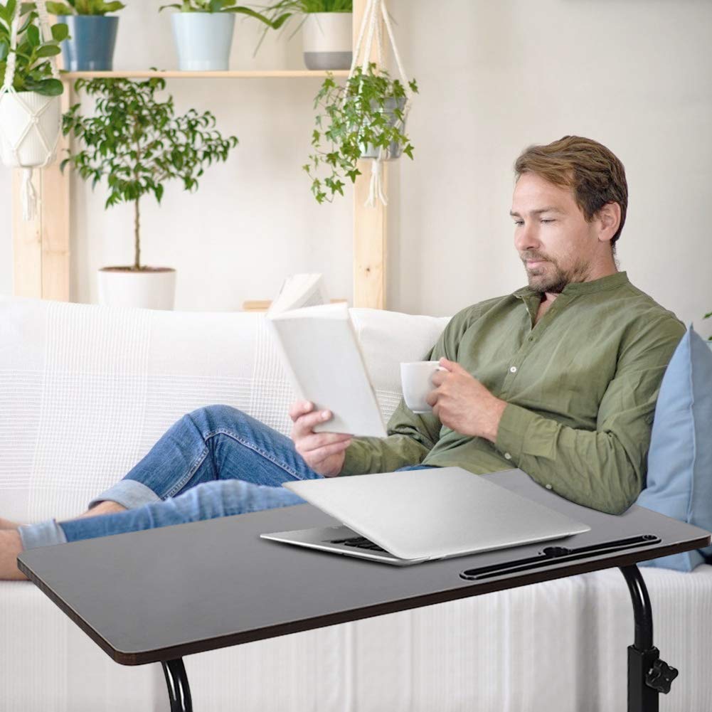 Adjustable Movable Wooden Laptop Table 71.5 to 91cm Height Portable Computer Desk Bedside Sofa Side Workstation with Tablet Slot Reading Eating