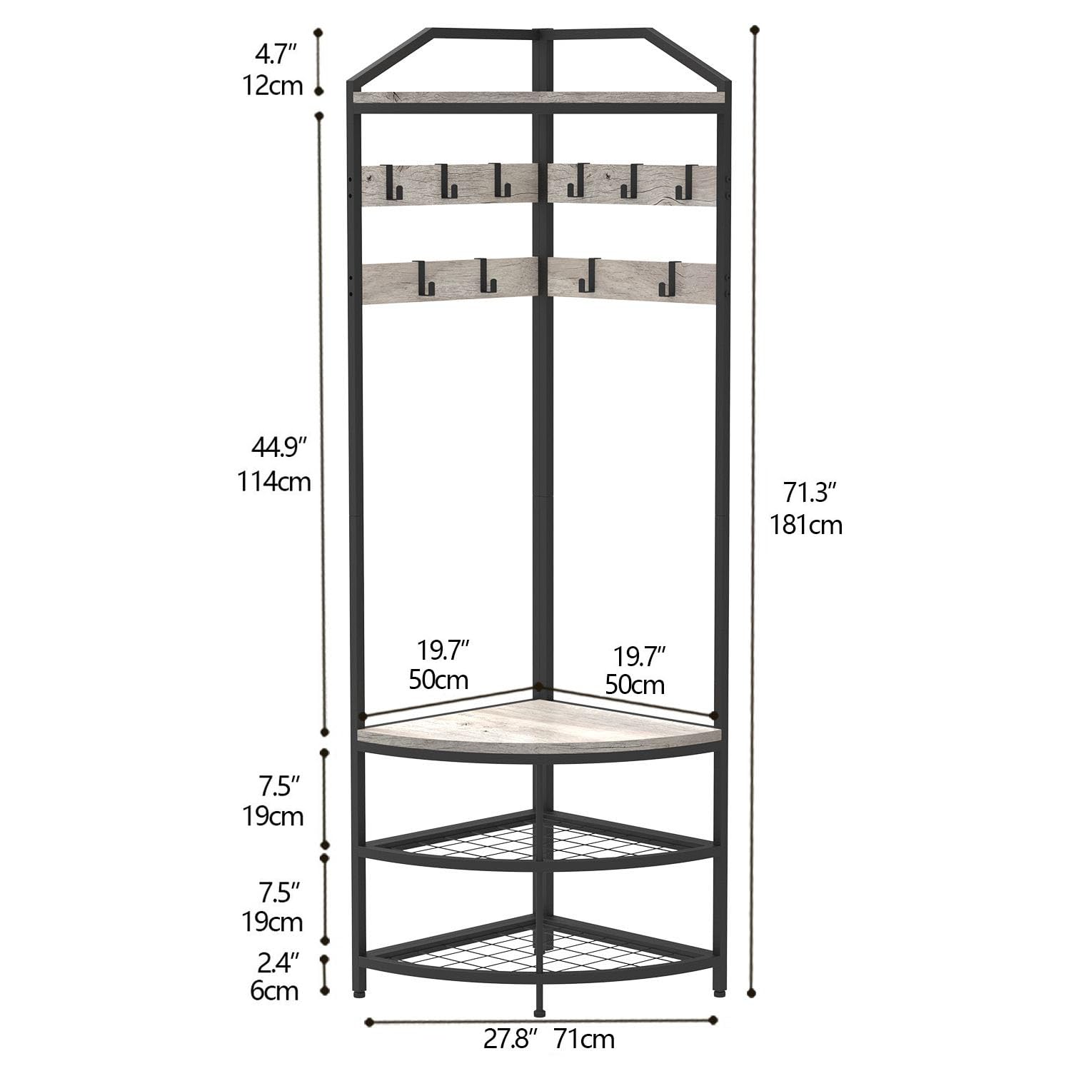 VEDECASA Corner Hall Tree Coat Rack with Shoe Bench and Storage Shelf 4-Tier Freestanding Entryway Corner Organizer with 10 Metal Movable Hooks and