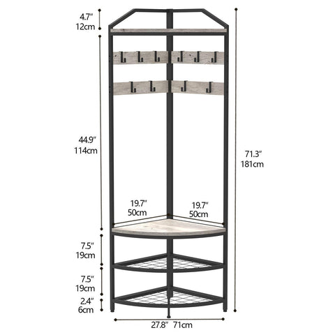 VEDECASA Corner Hall Tree Coat Rack with Shoe Bench and Storage Shelf 4-Tier Freestanding Entryway Corner Organizer with 10 Metal Movable Hooks and
