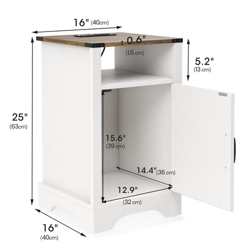 SUNVIVI Bedside Table with Charging Station, 2 AC Outlets & 2 USB Ports, Farmhouse Side Table with X-Design Storage Shelf