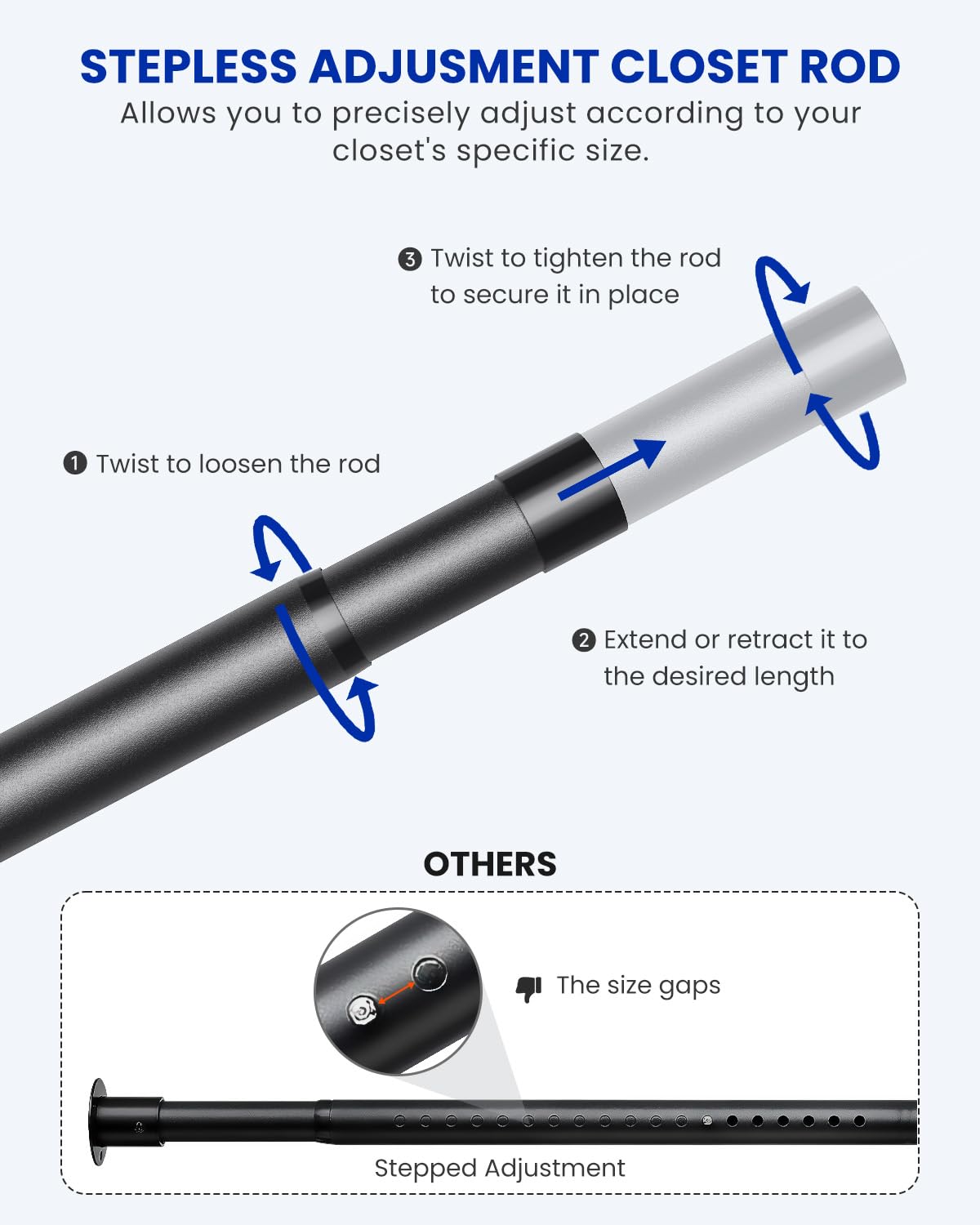 Wardrobe Rail, 43 to 135 CM Stepless Adjustable Metal Rails To Hanging Clothes, 3.3 CM Heavy Duty Wardrobe Rails and Fittings for Closet Wardrobes