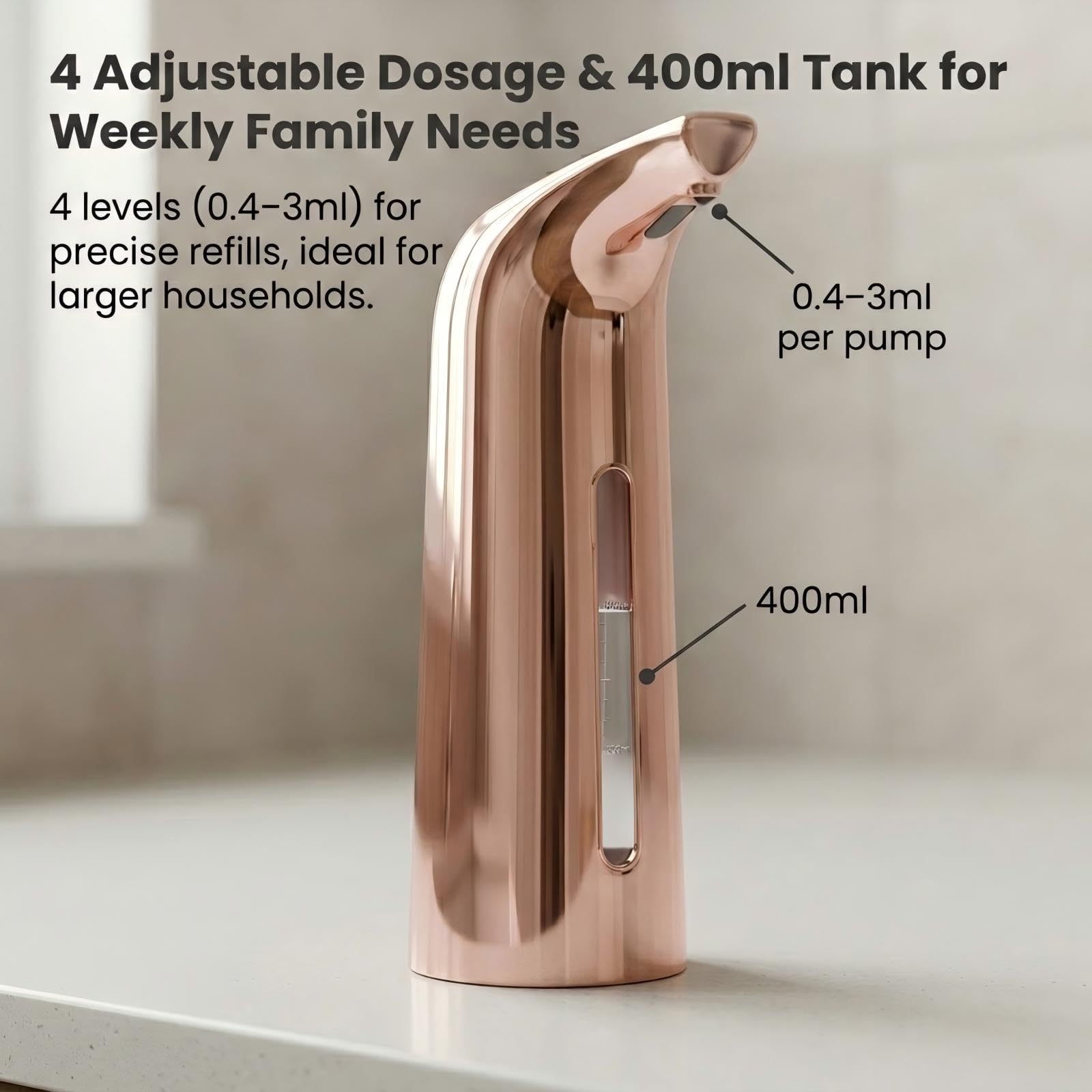 Automatic Soap Dispenser: 4 Adjustable Settings & Touch-Free Sensor, 400ml, IPX6 Waterproof, Long Battery Life, for Families with Kids