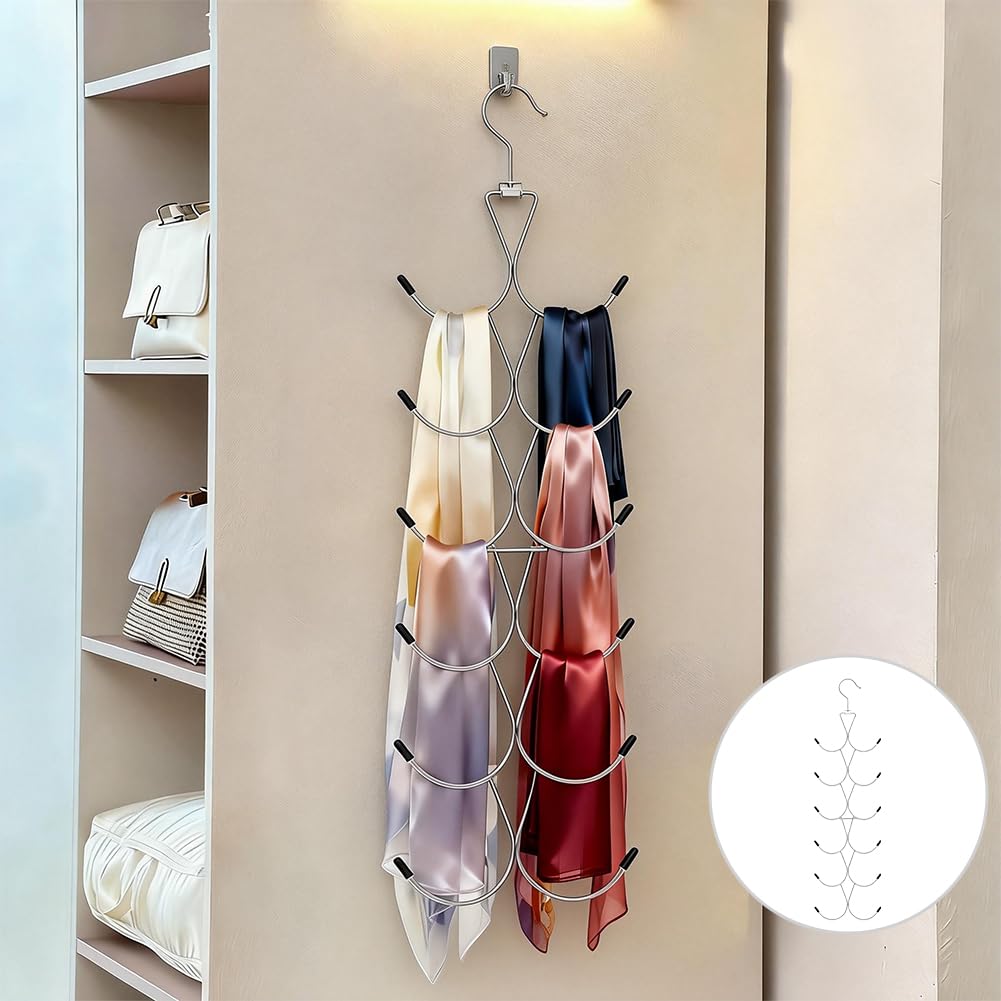 2Pcs Scarf Hanger with 12 Hooks, Metal 360° Rotating Organizer, Space-Saving Foldable Holder for Closet Scarves, Shawls, Belts and Purses (Silver)