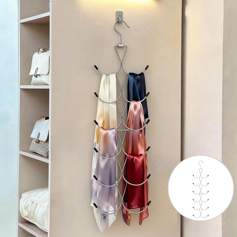 2Pcs Scarf Hanger with 12 Hooks, Metal 360° Rotating Organizer, Space-Saving Foldable Holder for Closet Scarves, Shawls, Belts and Purses (Silver)