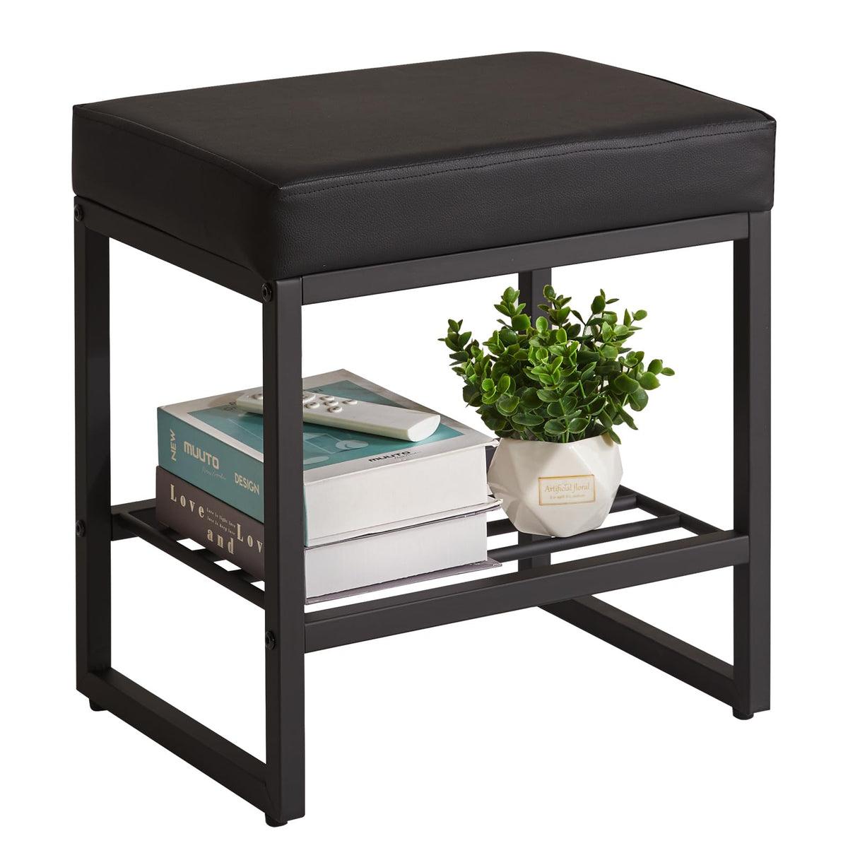 Aibiju Stool Chair for Dressing Table, Faux Leather Small Makeup Bench for Vanity, PU Seat Vanity Stool for Bedroom Living Room, Black YD-JD150B
