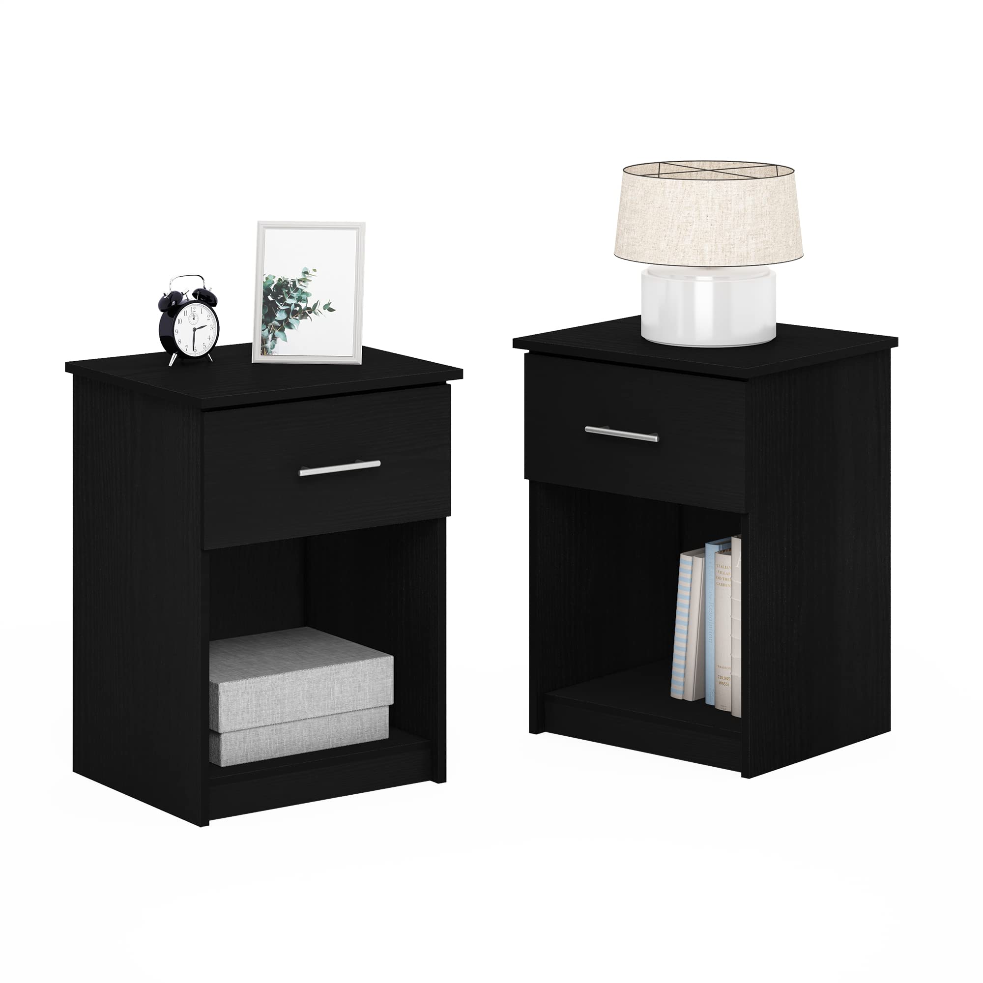Furinno TIDUR Night Stand Set of 2, Nightstand with Drawer, Bedside Table, End Table, Side Table with Storage Shelf, Bar Handle Drawer, for Bedroom