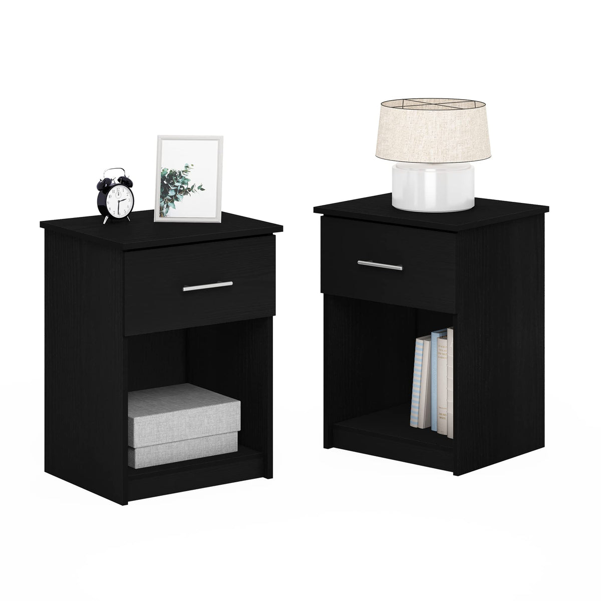 Furinno TIDUR Night Stand Set of 2, Nightstand with Drawer, Bedside Table, End Table, Side Table with Storage Shelf, Bar Handle Drawer, for Bedroom