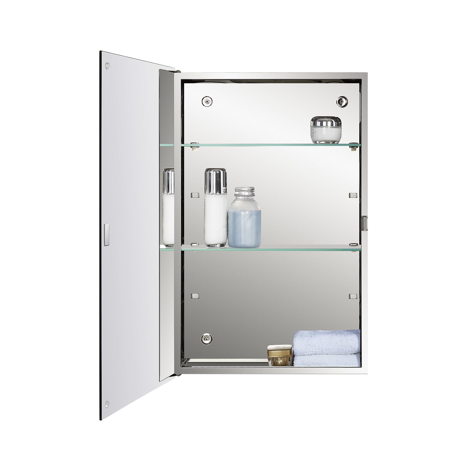 Fundin Stainless Steel Bathroom Mirror Cabinet, Single Door with Adjustable Glass Shelves, Surface Mounted, 40cm W x 60cm H, Mirrored Finish