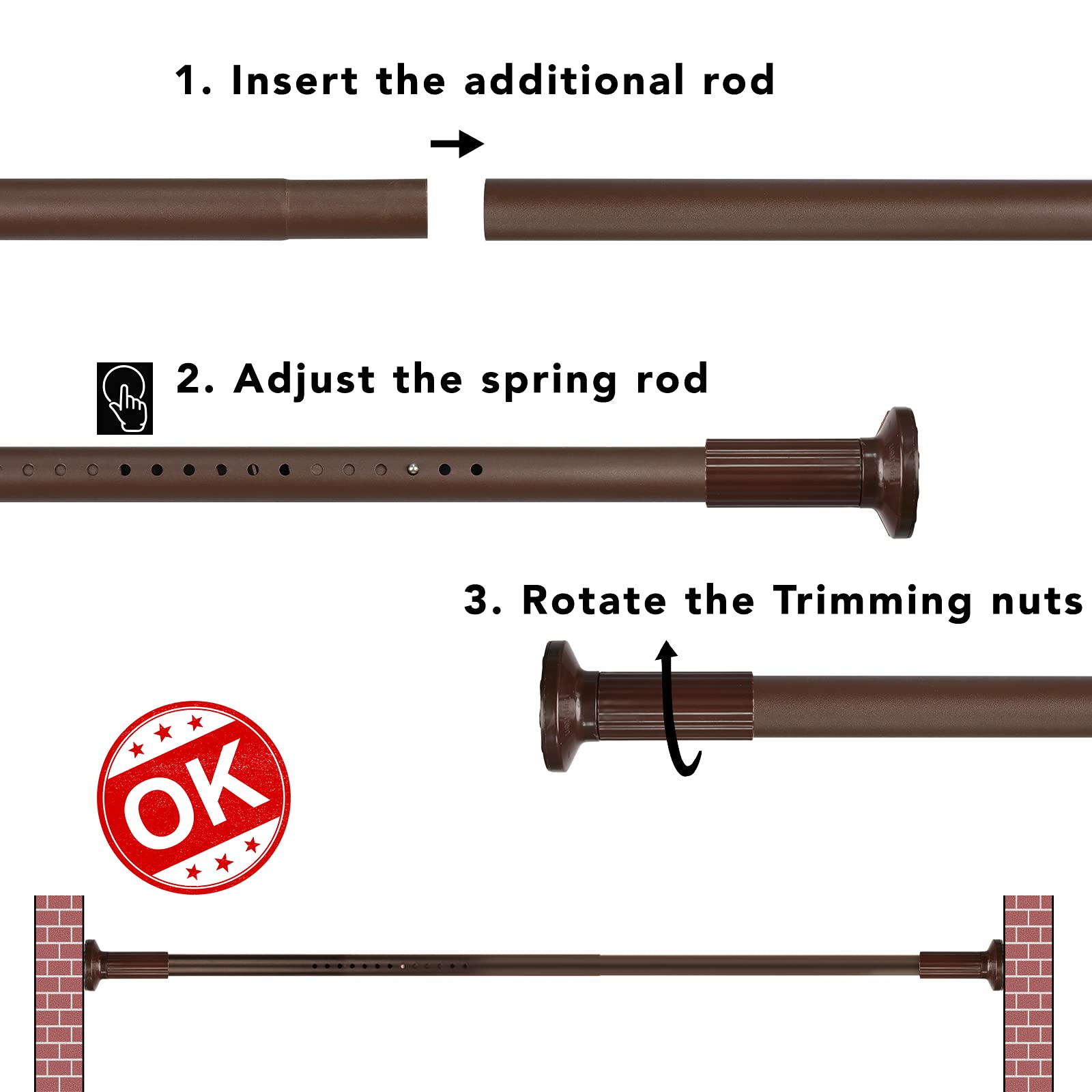 Tension Shower Curtain, Spring Shower Tension Curtain Rod, Closet Rod, for Windows or Shower, Rust Resistant Easy to Install, Umimile (Brown, 51-145”)