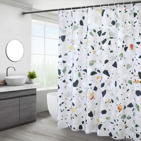 EurCross Green Shower Curtains Mould proof resistant, Washable Weighted Fabric Wet Room Shower Curtain with Terrazzo Pattern 180 x 180 cm Drop