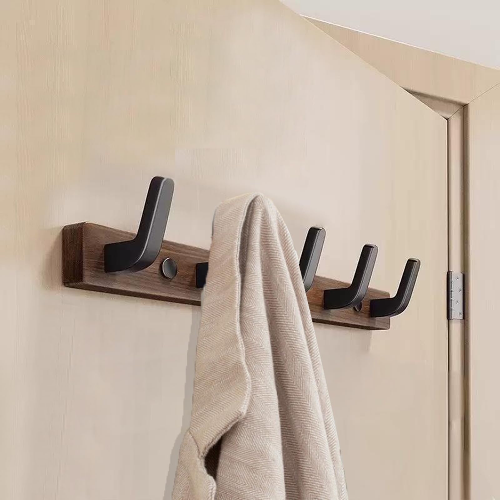 Lxoraziy Wall-Mounted Coat Rack - Walnut Coat Rack Hook, Heavy Duty Wooden Wall Coat Hanger with 5 Coat Hooks for Hanging Coats, Hats, Clothing